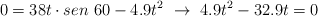 0 = 38t\cdot sen\ 60 - 4.9t^2\ \to\ 4.9t^2 - 32.9t = 0