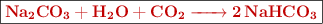 \fbox{\color[RGB]{192,0,0}{\textbf{\ce{Na2CO3 + H2O  + CO2 -> 2NaHCO3}}}}
