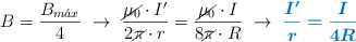 B = \frac{B_{m\acute{a}x}}{4}\ \to\ \frac{\cancel{\mu_0}\cdot I^{\prime}}{2\cancel{\pi}\cdot r} = \frac{\cancel{\mu_0}\cdot I}{8\cancel{\pi}\cdot R}\ \to\ \color[RGB]{0,112,192}{\bm{\frac{I^{\prime}}{r} = \frac{I}{4R}}}