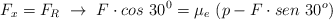 F_x = F_R\ \to\ F\cdot cos\ 30^0  = \mu_e\ (p - F\cdot sen\ 30^o)