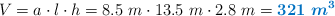 V = a\cdot l\cdot h = 8.5\ m\cdot 13.5\ m\cdot 2.8\ m = \color[RGB]{0,112,192}{\bm{321\ m^3}}