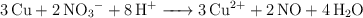 \ce{3Cu + 2NO_3^- + 8H^+ -> 3Cu^{2+} + 2NO + 4H_2O}