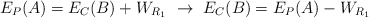 E_P(A) = E_C(B) + W_{R_1}\ \to\ E_C(B) = E_P(A) - W_{R_1}