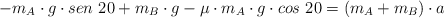 -m_A\cdot g\cdot sen\ 20 + m_B\cdot g - \mu\cdot m_A\cdot g\cdot cos\ 20 = (m_A + m_B)\cdot a