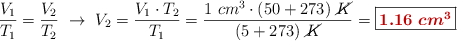 \frac{V_1}{T_1} = \frac{V_2}{T_2}\ \to\ V_2 = \frac{V_1\cdot T_2}{T_1} = \frac{1\ cm^3\cdot (50 + 273)\ \cancel{K}}{(5 + 273)\ \cancel{K}} = \fbox{\color[RGB]{192,0,0}{\bm{1.16\ cm^3}}}