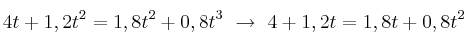 4t + 1,2t^2 = 1,8t^2 + 0,8t^3\ \to\ 4 + 1,2t = 1,8t + 0,8t^2