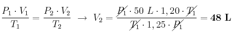 \frac{P_1\cdot V_1}{T_1} = \frac{P_2\cdot V_2}{T_2}\ \to\ V_2 = \frac{\cancel{P_1}\cdot 50\ L\cdot 1,20\cdot \cancel{T_1}}{\cancel{T_1}\cdot 1,25\cdot \cancel{P_1}} = \bf 48\ L