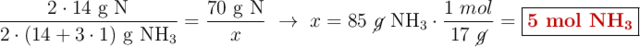 \frac{2\cdot 14\ \text{g\ N}}{2\cdot (14 + 3\cdot 1)\ \ce{g\ NH3}} = \frac{70\ \text{g\ N}}{x}\ \to\ x = 85\ \cancel{g}\ \ce{NH3}\cdot \frac{1\ mol}{17\ \cancel{g}} = \fbox{\color[RGB]{192,0,0}{\textbf{5 mol \ce{NH3}}}}