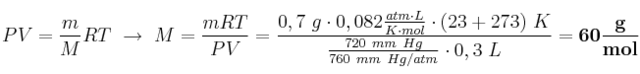 PV = \frac{m}{M}RT\ \to\ M = \frac{mRT}{PV} = \frac{0,7\ g\cdot 0,082\frac{atm\cdot L}{K\cdot mol}\cdot (23+273)\ K}{\frac{720\ mm\ Hg}{760\ mm\ Hg/atm}\cdot 0,3\ L} = \bf 60\frac{g}{mol}