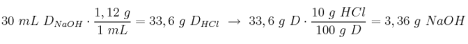 30\ mL\ D_{NaOH}\cdot \frac{1,12\ g}{1\ mL} = 33,6\ g\ D_{HCl}\ \to\ 33,6\ g\ D\cdot \frac{10\ g\ HCl}{100\ g\ D} = 3,36\ g\ NaOH
